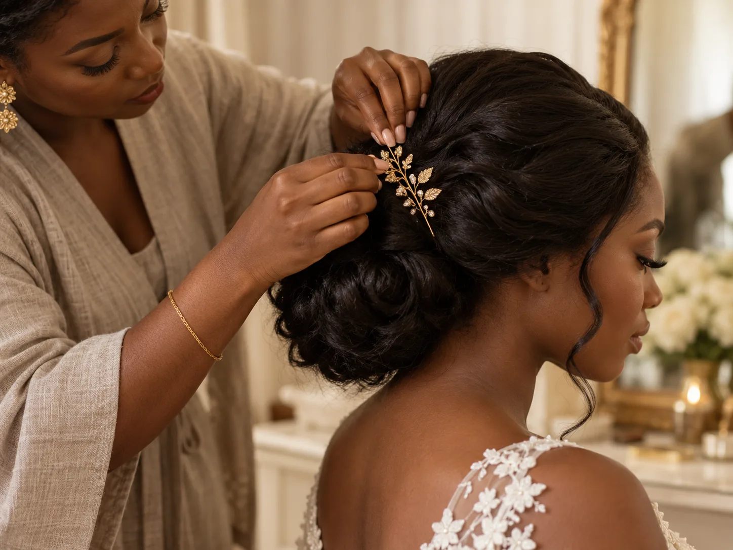 Bridal hairstyling detail with gold hair pin